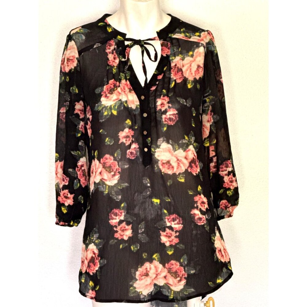 ❤️Princess Vera Wang S Black Sheer  Floral Coquette 3/4 Sleeve V-Neck Blouse EUC